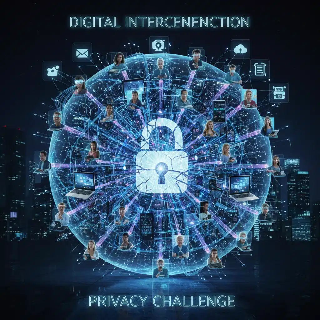 Interconnected digital network illustrating data flow and privacy challenges