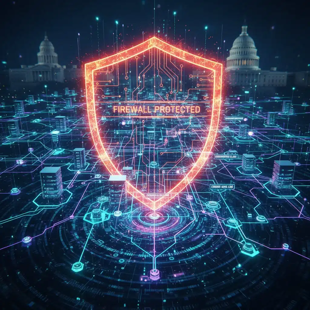 Complex network infrastructure with digital firewall symbolizing enhanced federal digital defenses.
