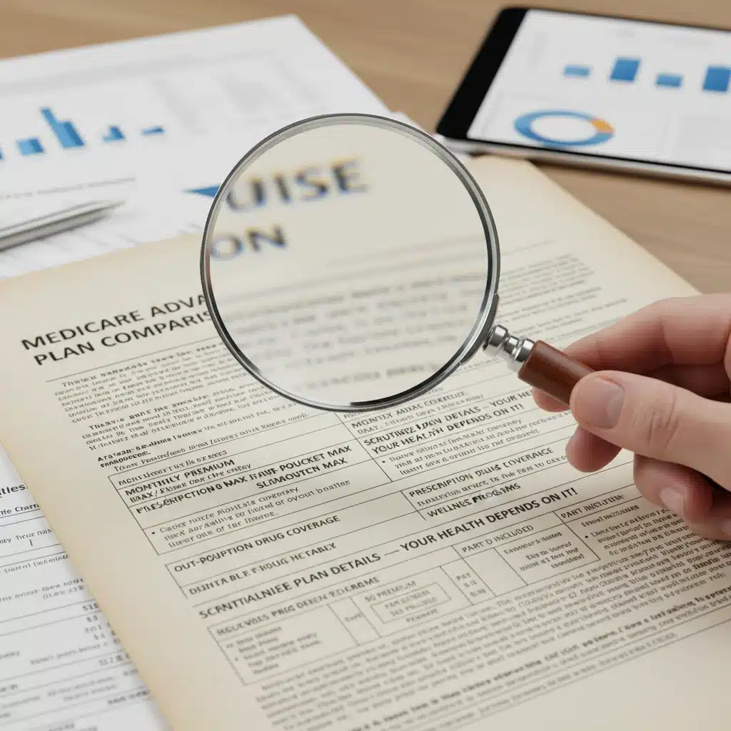 Magnifying glass examining detailed 2026 Medicare Advantage plan features and benefits.