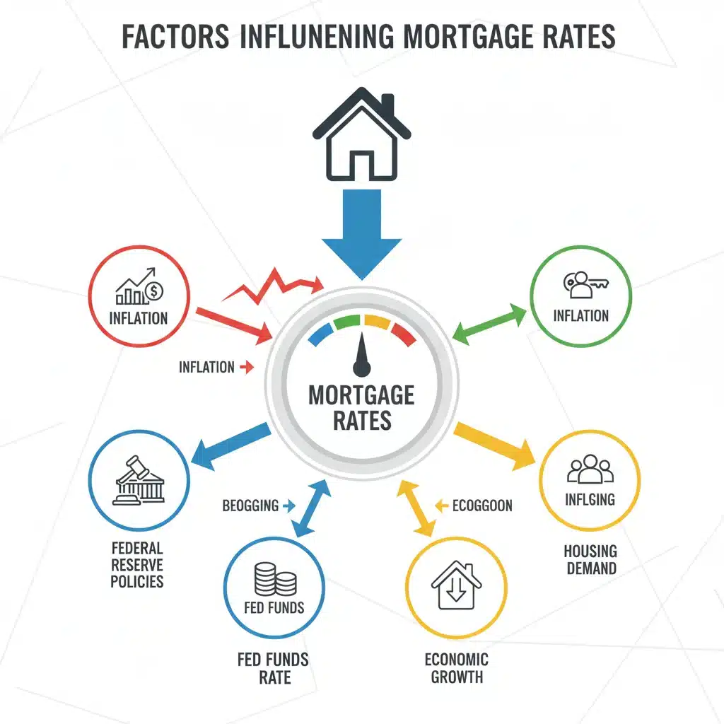 Infographic showing factors influencing mortgage rates.