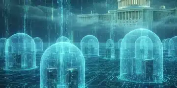 Futuristic digital landscape with data streams and protective shields, representing federal cybersecurity spending increase.