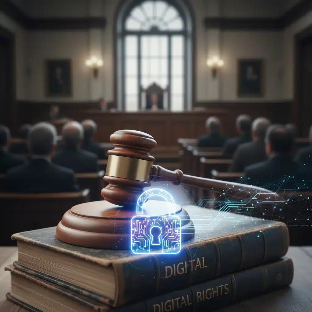 Legal gavel on books with digital lock, symbolizing data security and rights