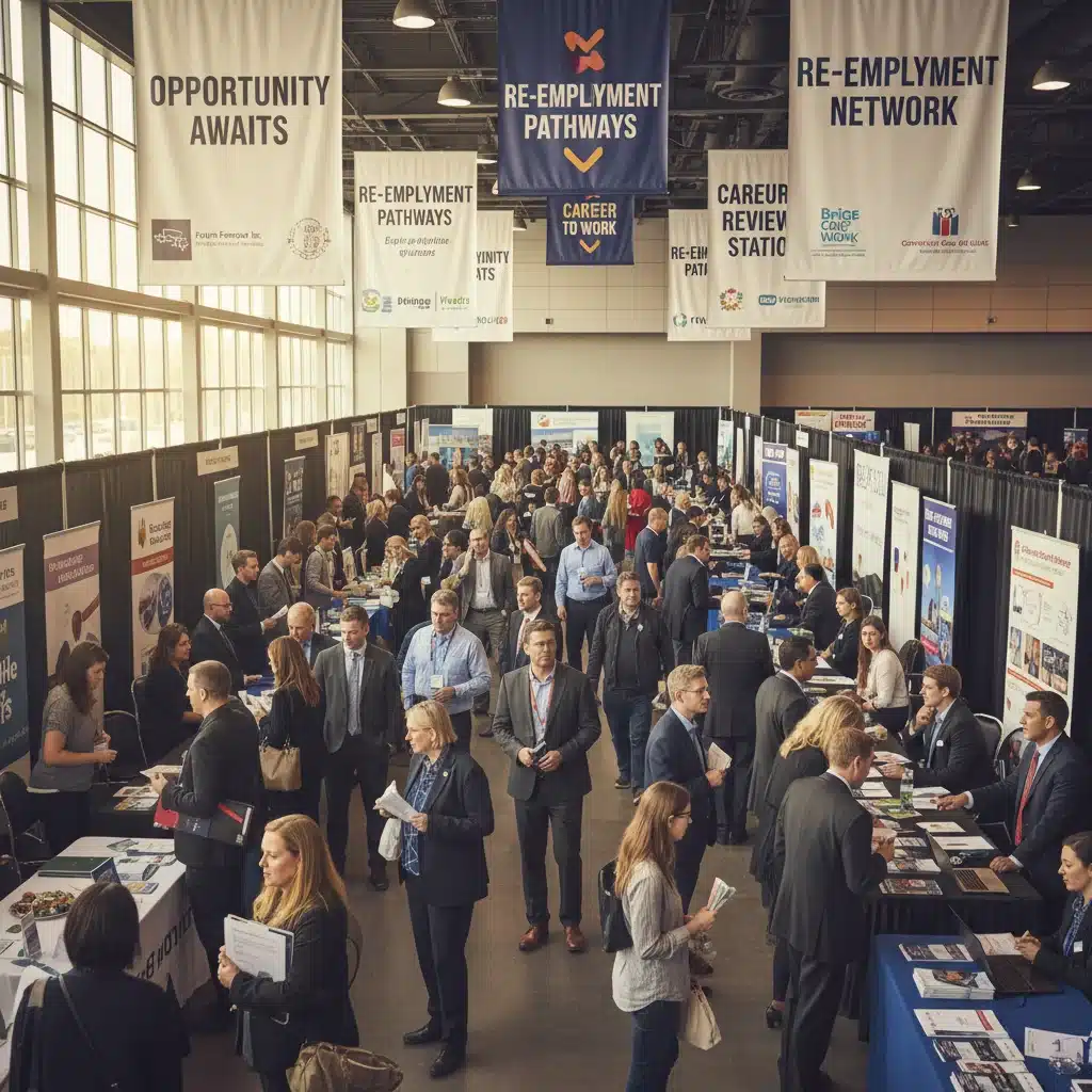 Job seekers at a busy job fair, engaging with potential employers and career resources.