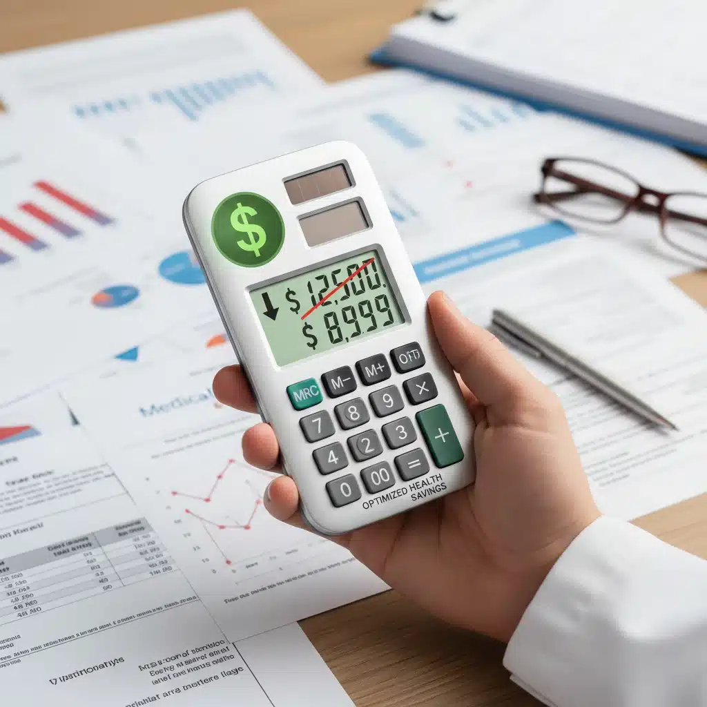 Calculator showing reduced costs, symbolizing savings on Medicare Advantage plans.