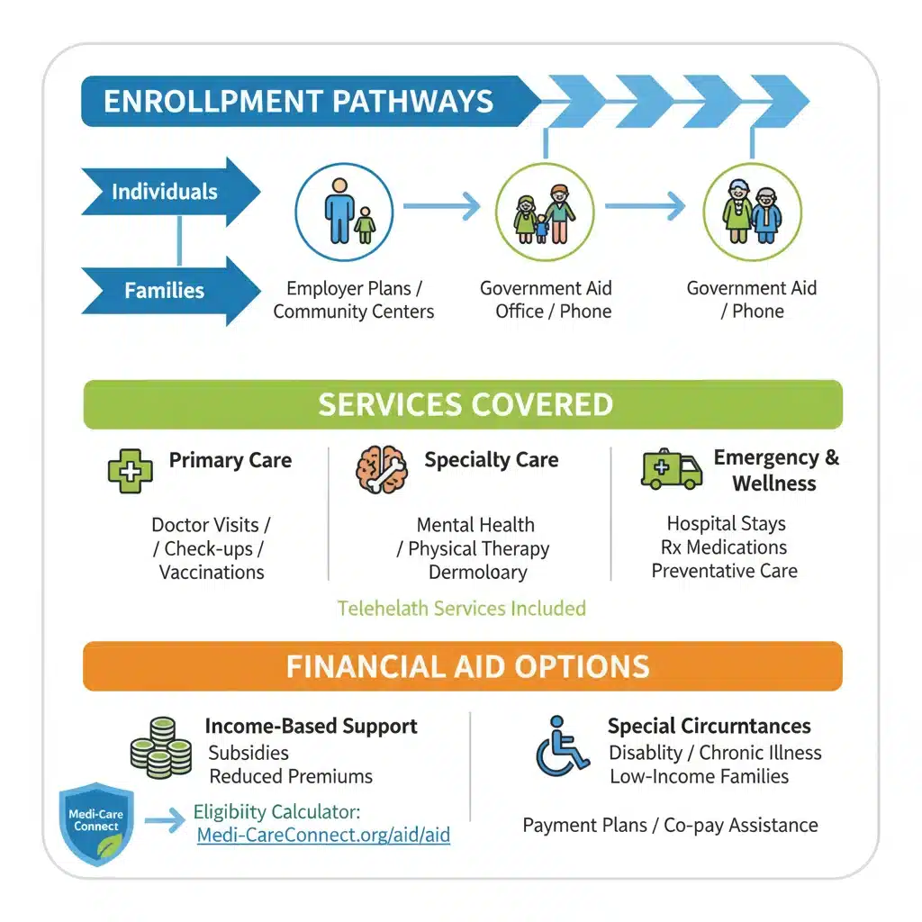 Infographic detailing new healthcare coverage plan components and financial aid options.
