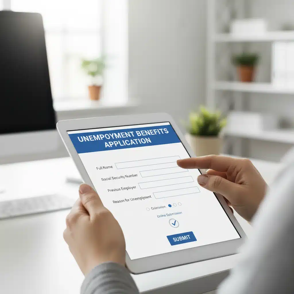 Person filling out an online unemployment benefits application form on a tablet.