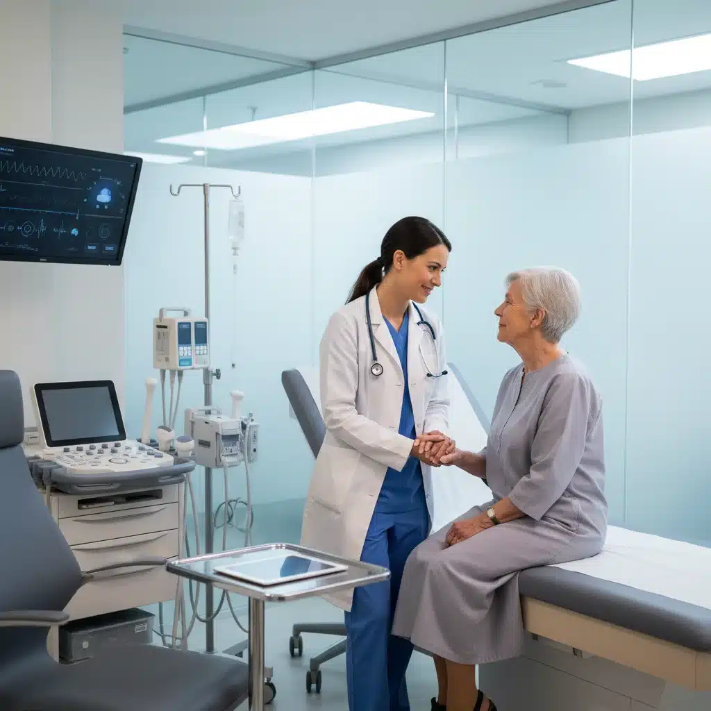 Healthcare professional talking with a patient in a clinic, emphasizing patient care and access.