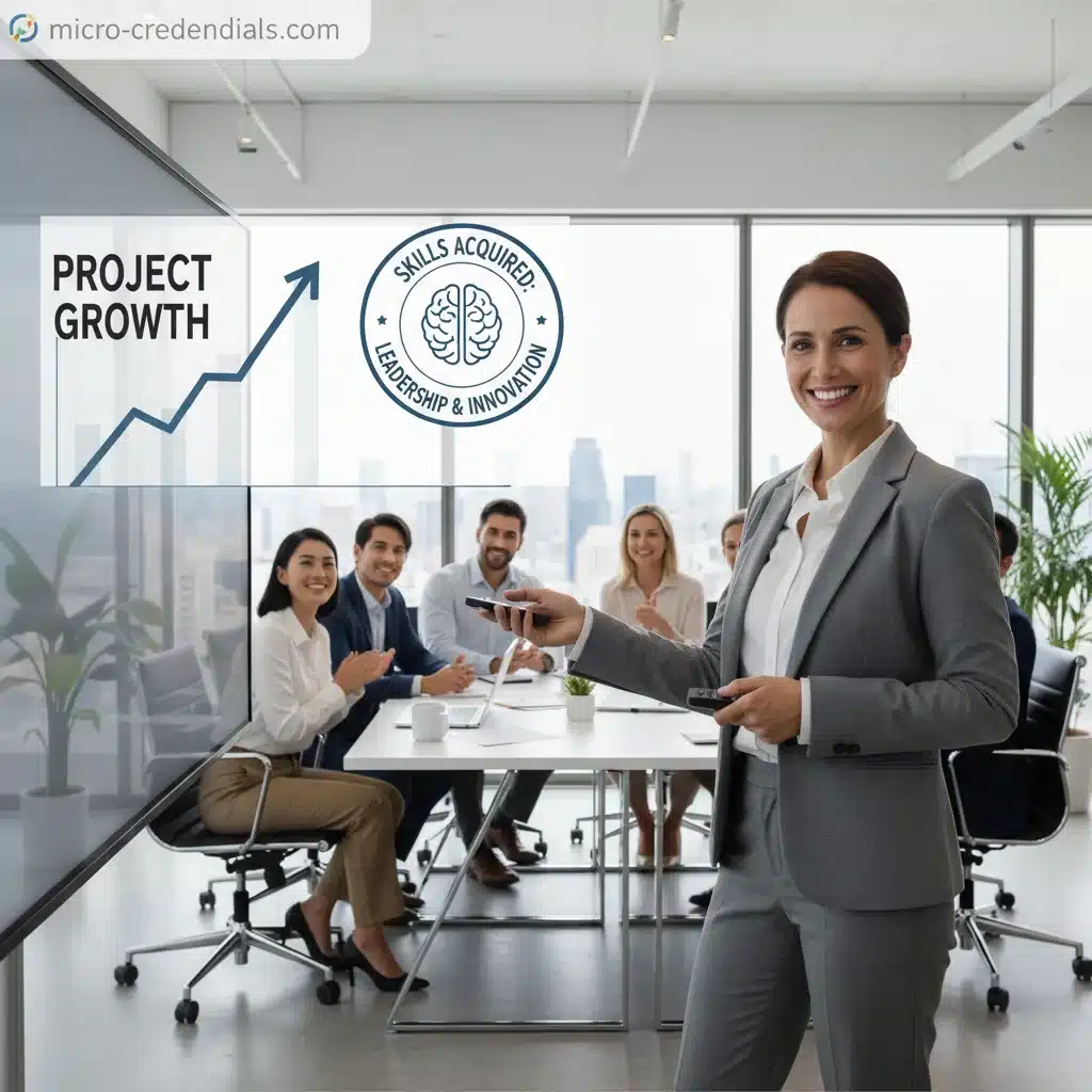 Skilled worker presenting confidently after acquiring micro-credentials