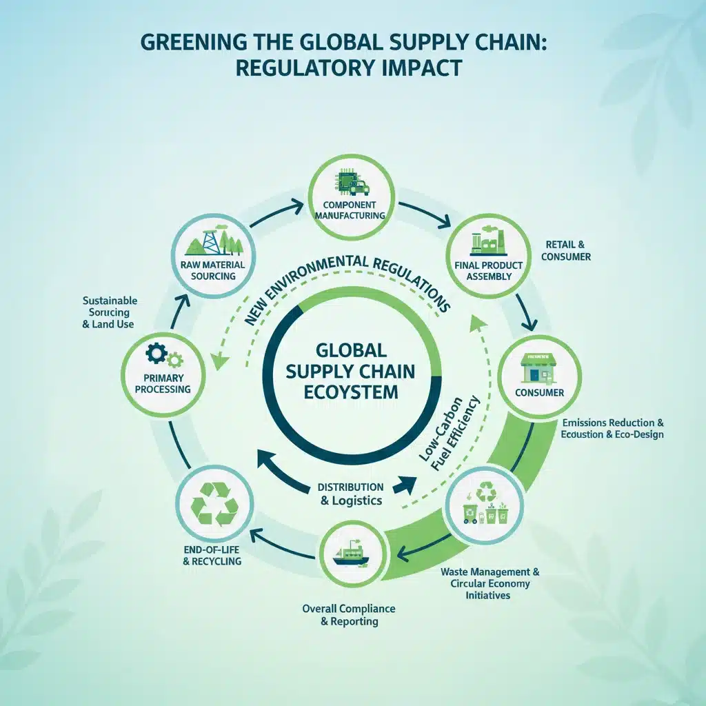 Diagram showing supply chain adjustments for new environmental regulations and sustainability