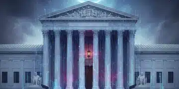 Supreme Court building with digital data overlay, symbolizing digital privacy decision