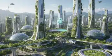 Futuristic cityscape with green energy and sustainable industries reflecting new environmental regulations 2026