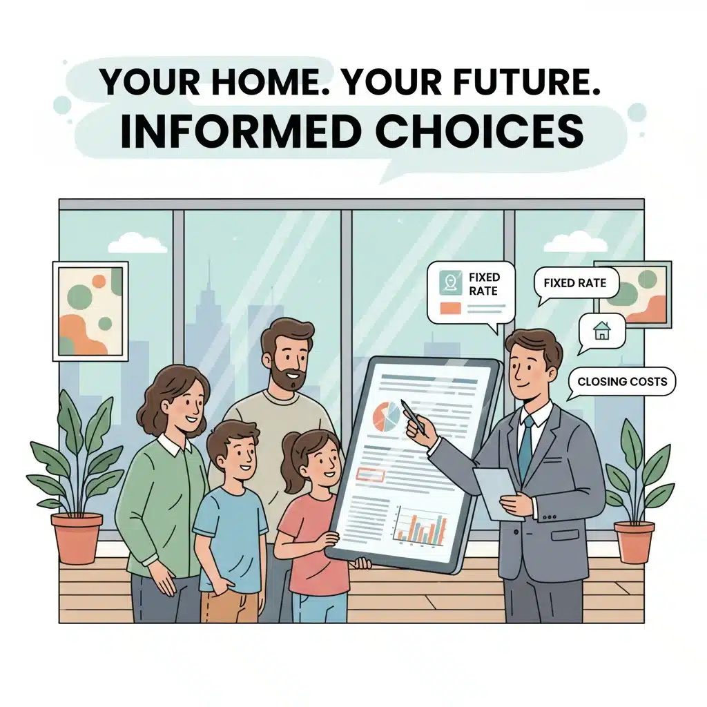 Family reviewing mortgage documents with financial advisor.