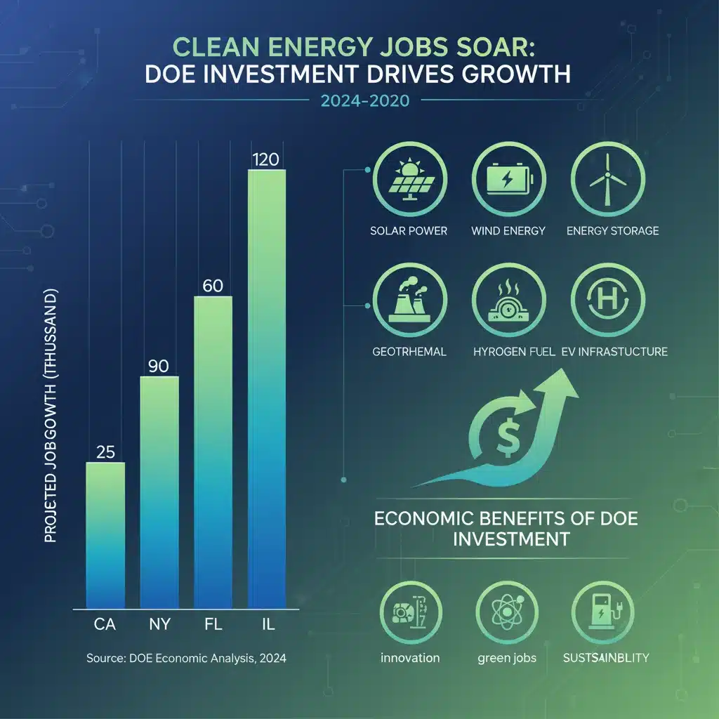 Infographic illustrating projected job growth in renewable energy across states due to DOE investment.