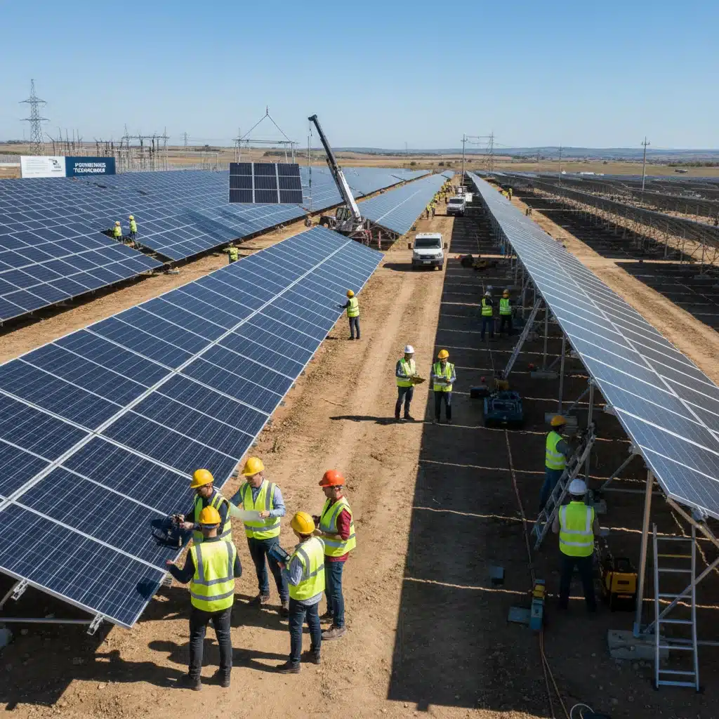 Engineers working at a large-scale solar farm, highlighting job creation and renewable energy development.