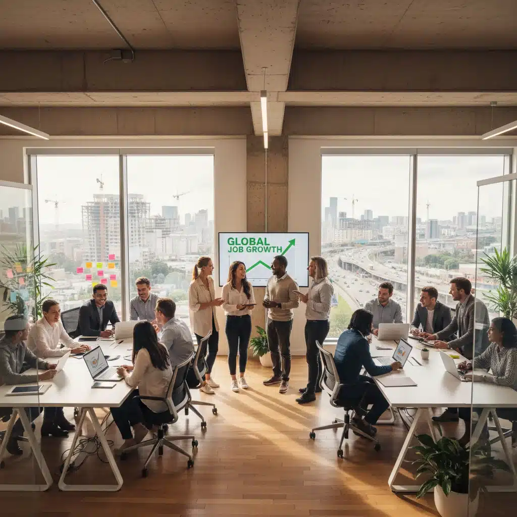 Diverse professionals collaborating in a modern office, representing a strong job market