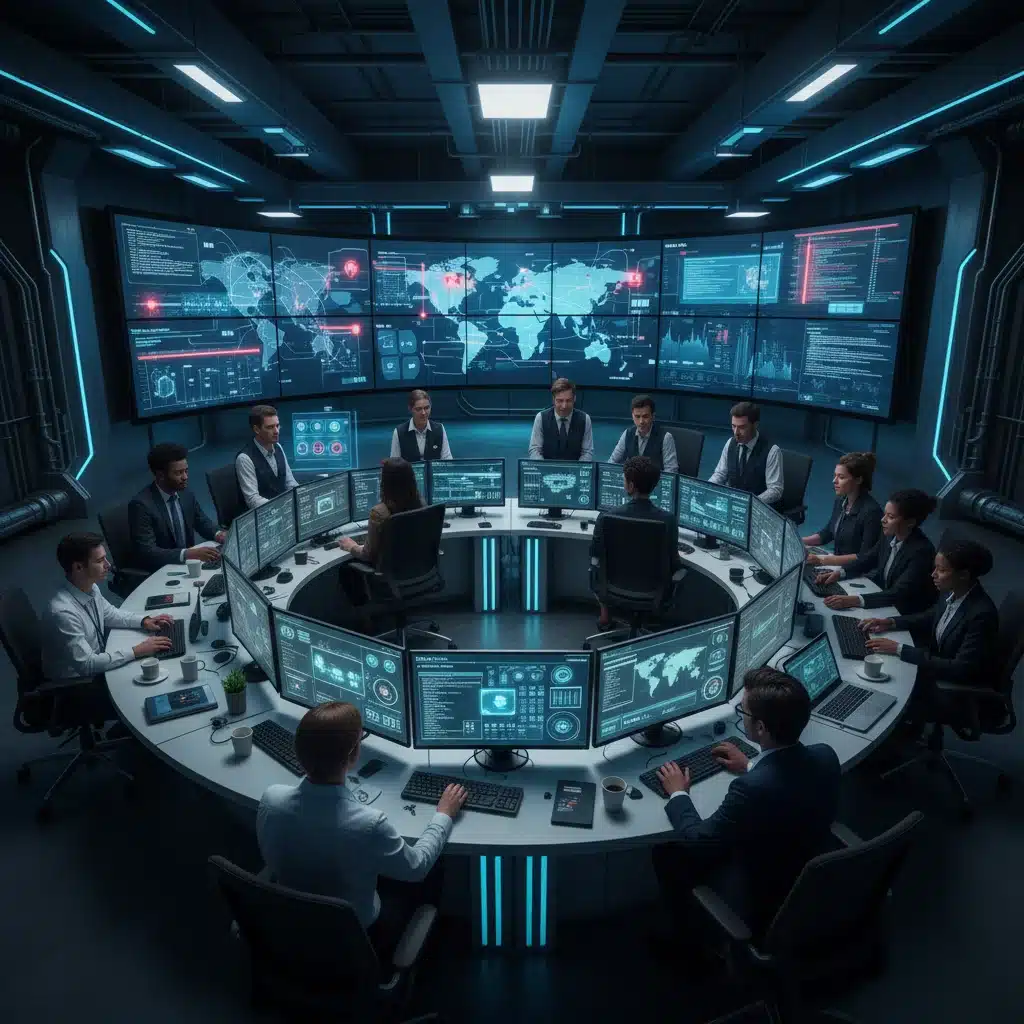 Cybersecurity team collaborating in a control room, monitoring threats