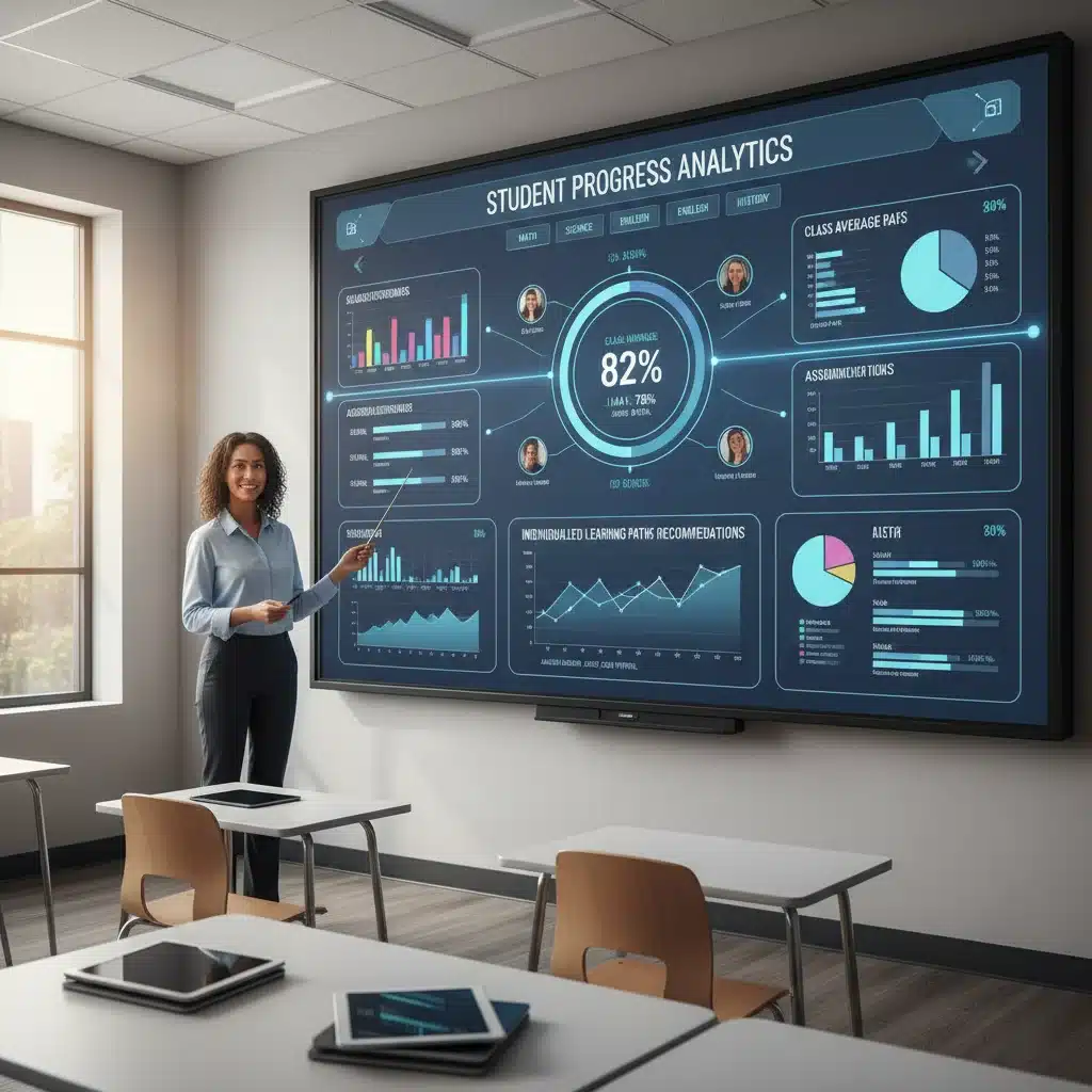 Teacher analyzing student performance data on an EdTech analytics dashboard.