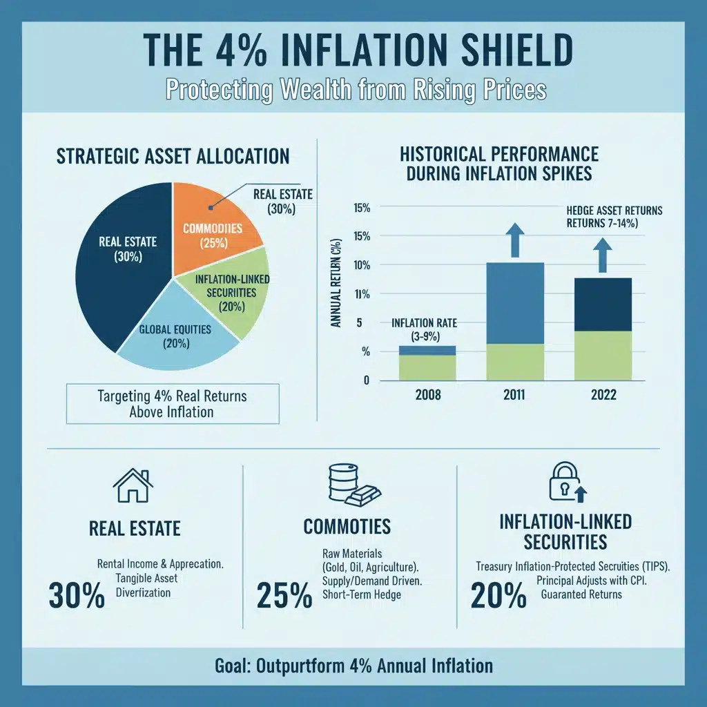 Infographic explaining 4 percent inflation hedge strategy with asset allocation