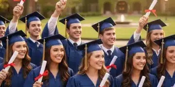 High school seniors celebrating graduation with a college campus backdrop