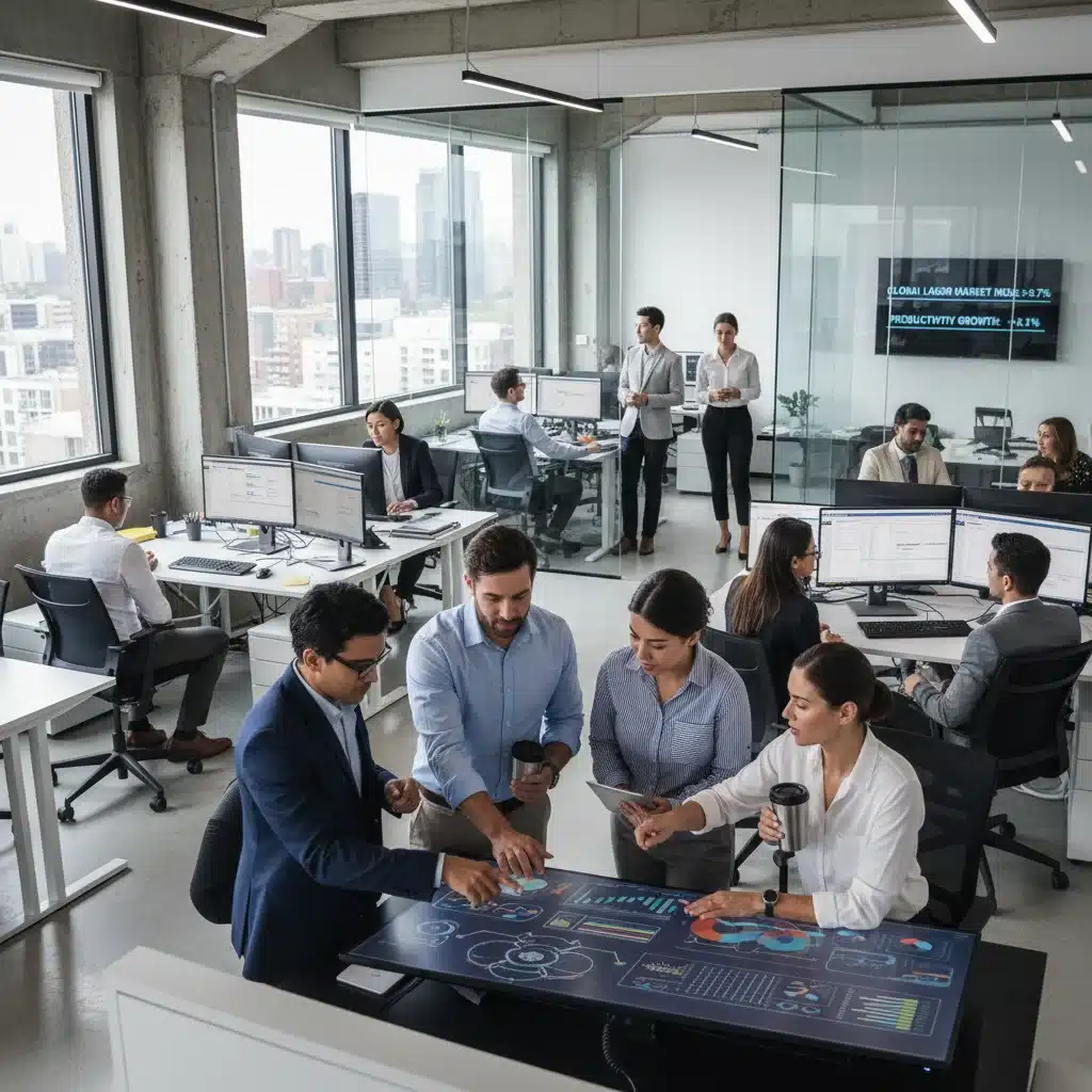 Professionals analyzing economic data, symbolizing labor market and productivity trends