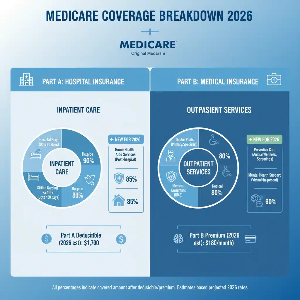 Infographic detailing Medicare Part A and Part B coverage breakdown for 2026