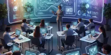 Students and teacher using modern EdTech platforms for interactive learning in a US classroom.