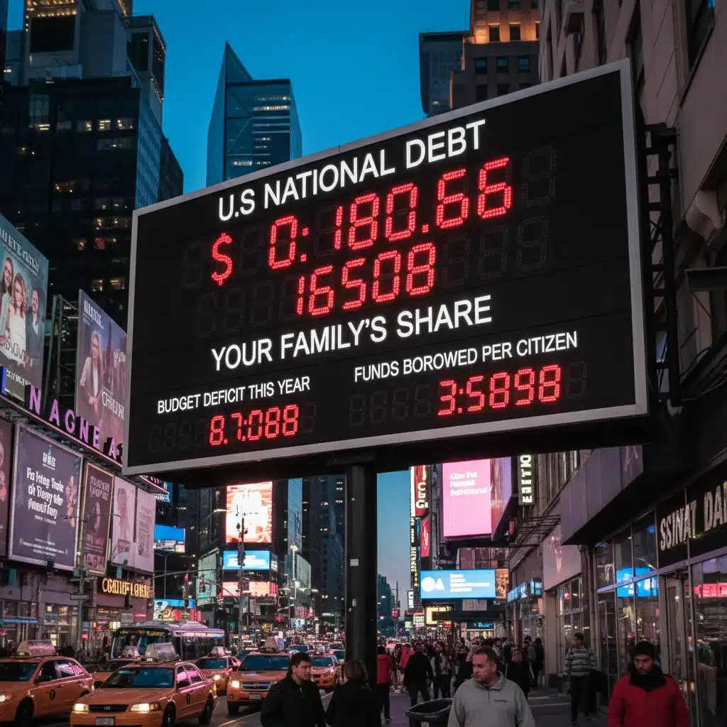 US national debt clock showing increasing government debt and budget deficits
