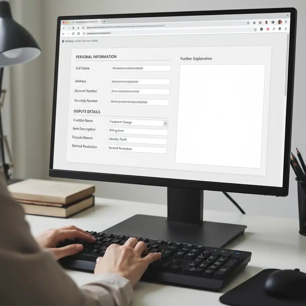 Online credit dispute form on computer screen