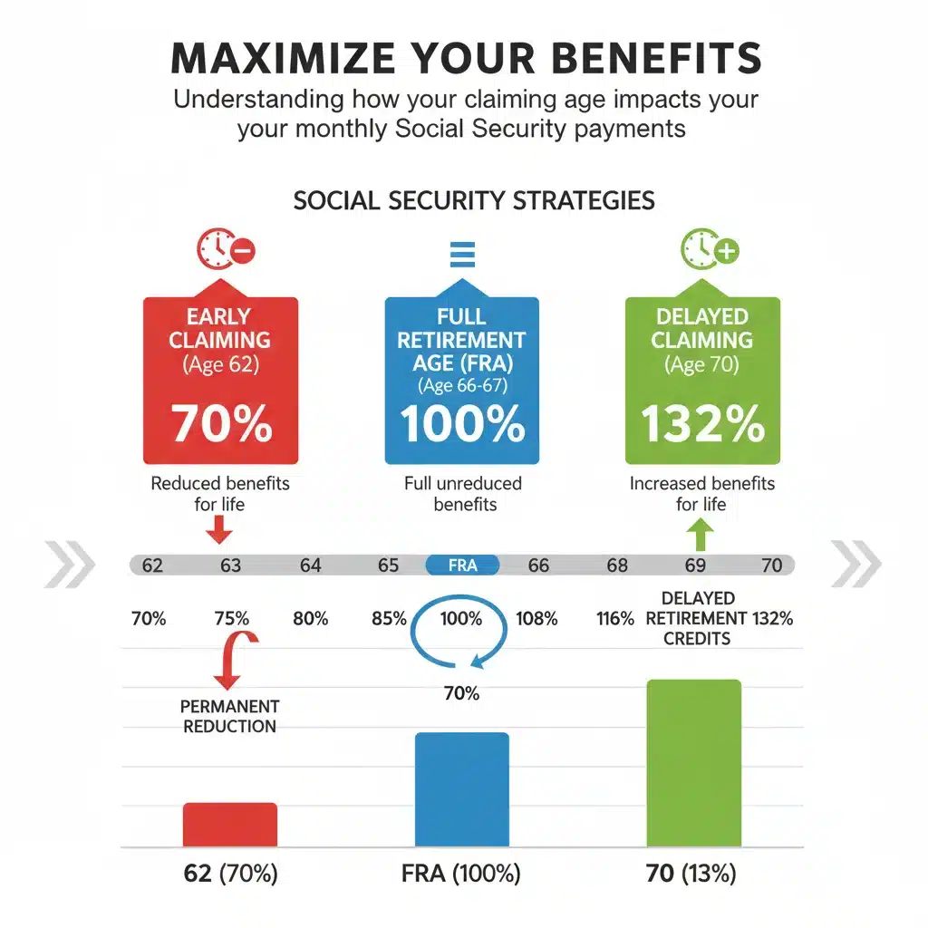 Infographic on Social Security claiming ages and benefit percentages