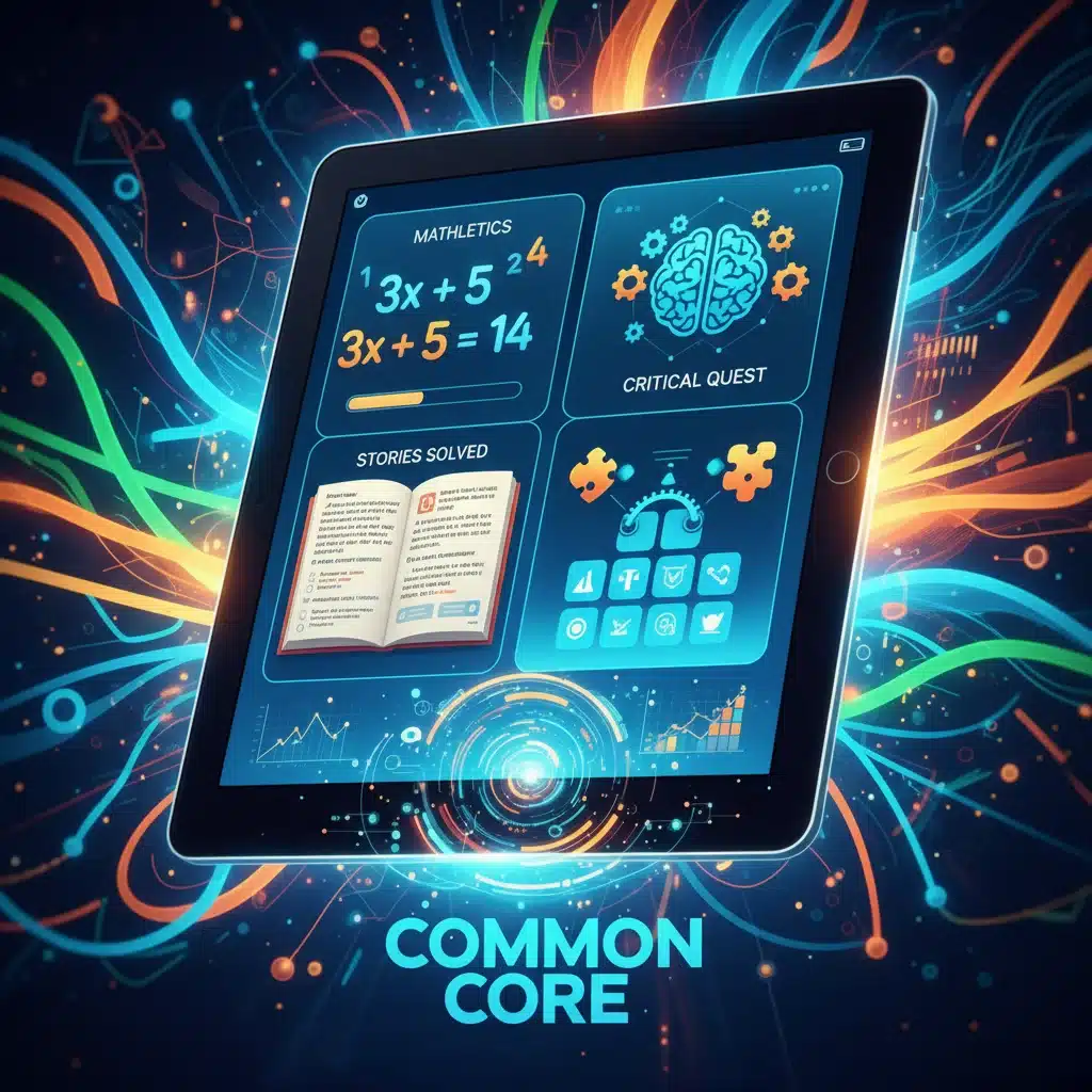 Digital learning tools and educational apps for Common Core standards on a tablet.