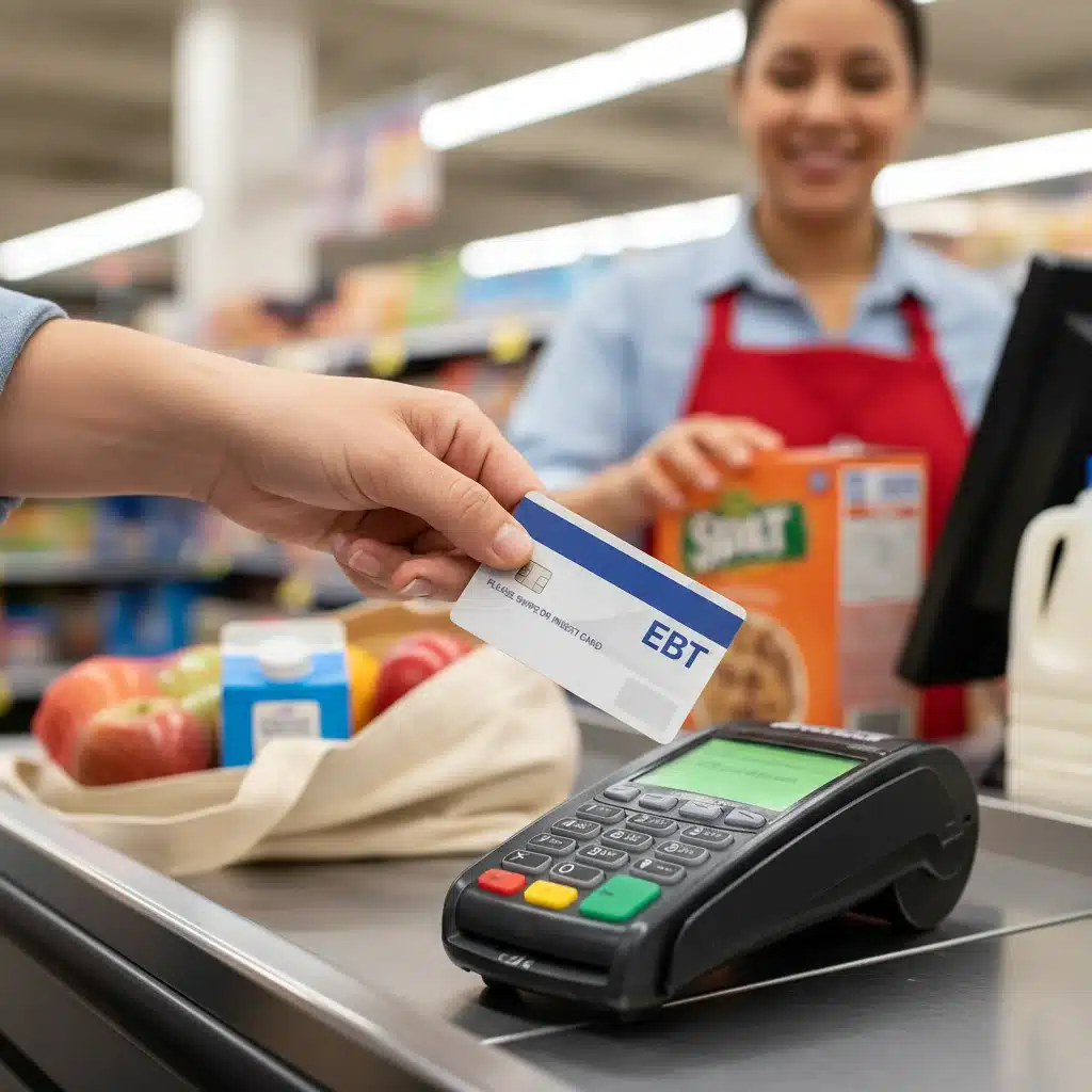 Hand holding EBT card at grocery store checkout