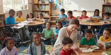 Elementary school children happily reading in a vibrant classroom with a supportive teacher.