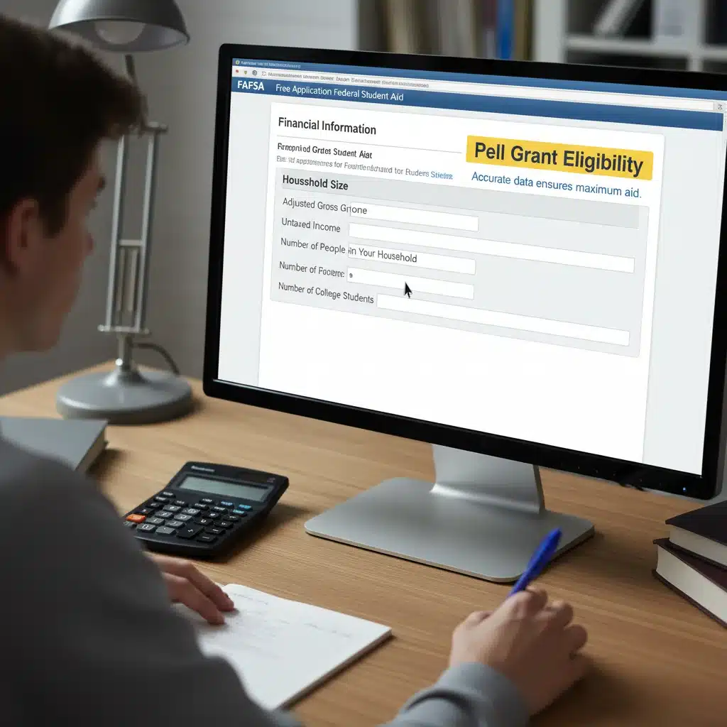 Person filling out FAFSA form on computer, emphasizing accurate financial data for Pell Grant.