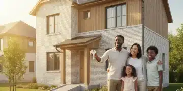 Family standing in front of an affordable home, symbolizing federal housing assistance