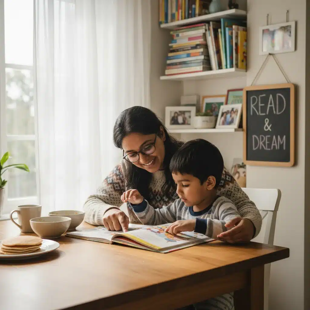 Parent and child reading together at home, promoting family literacy.
