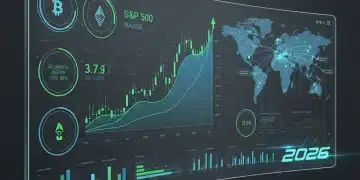 Futuristic financial dashboard showing investment trends and data for 2026