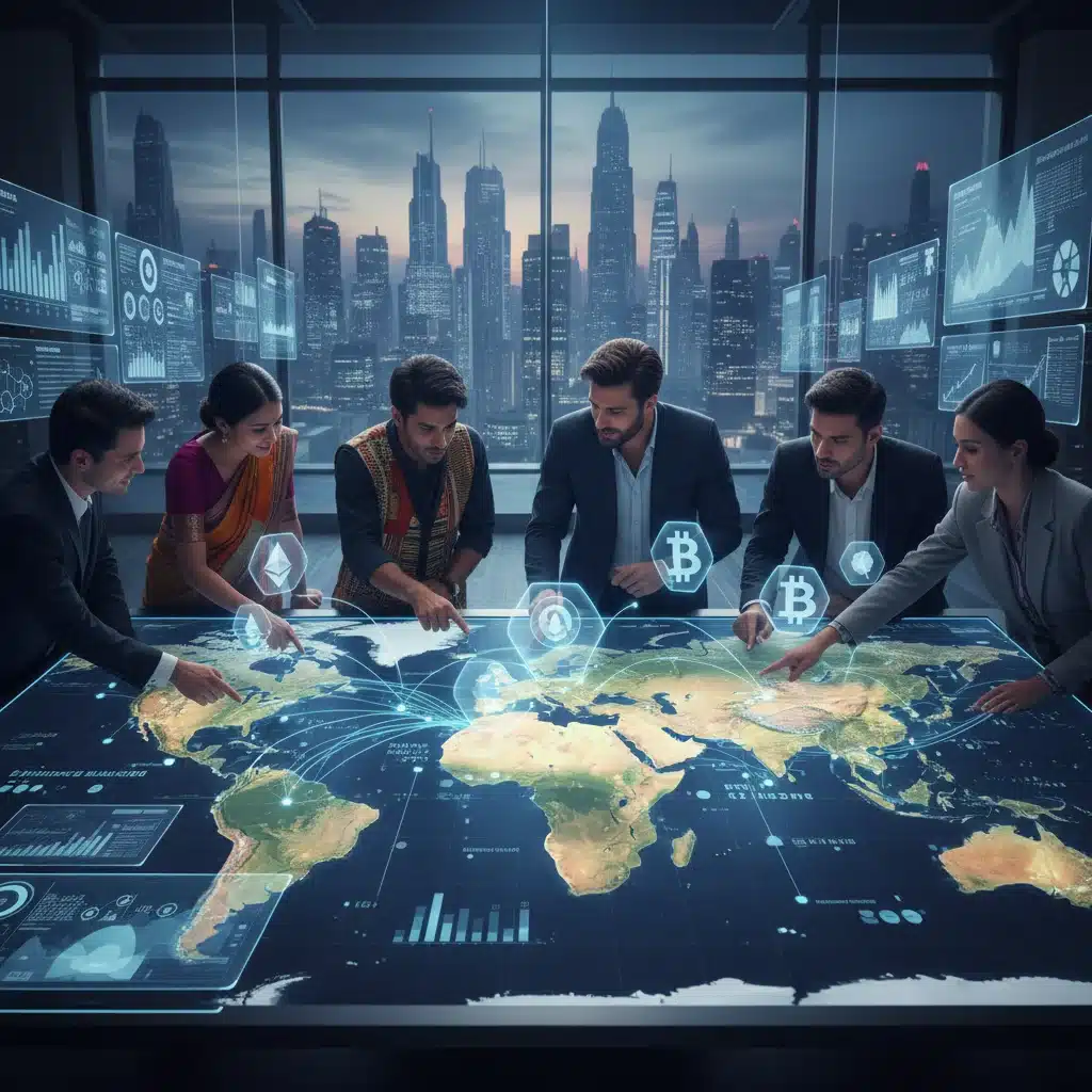 Global investors analyzing emerging markets and blockchain investments