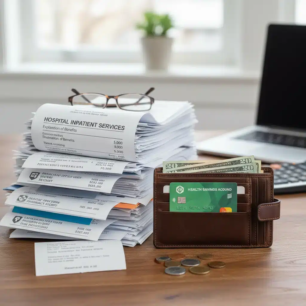 Medical bills and receipts next to a wallet, demonstrating HSA use