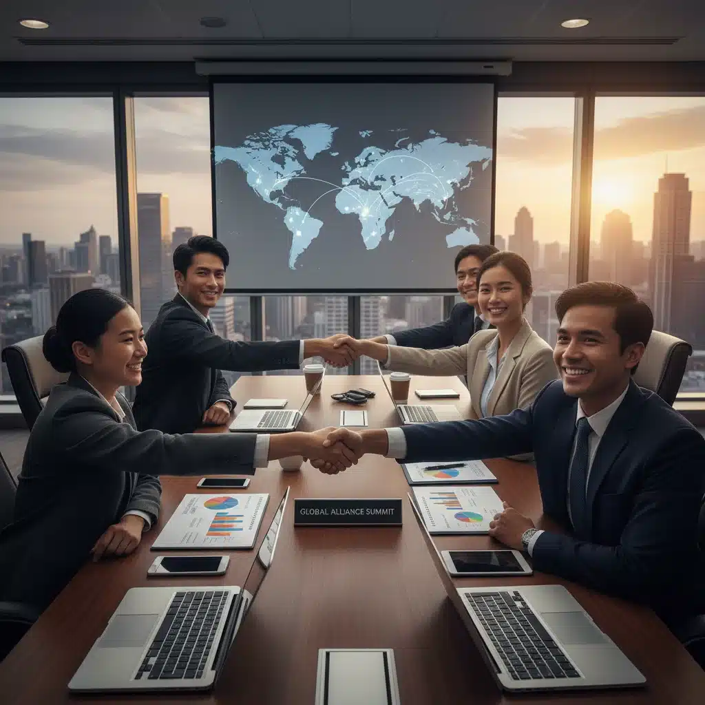 International business leaders from US and Asia collaborating on trade agreements.