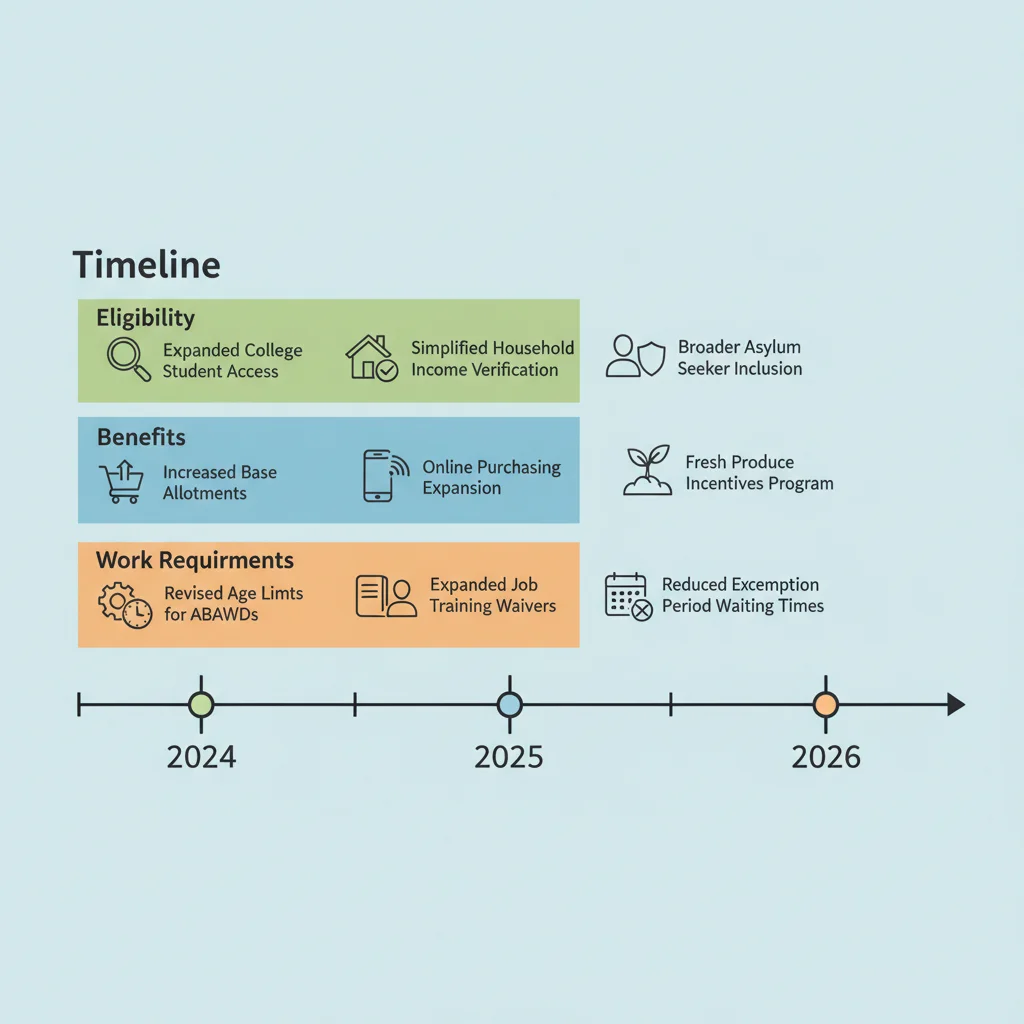 Infographic depicting SNAP policy changes and timeline 2024-2026
