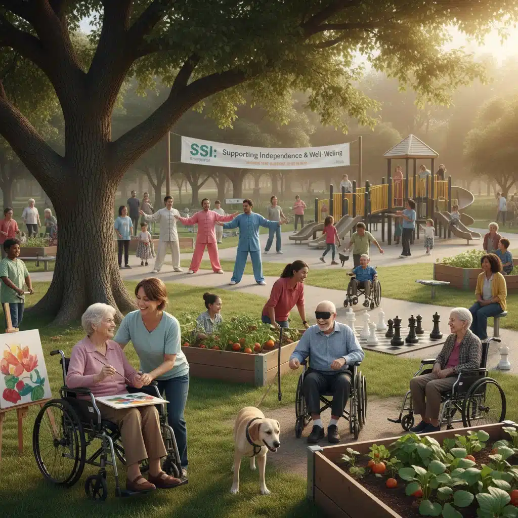 Diverse group of beneficiaries enjoying community life, highlighting SSI's impact.