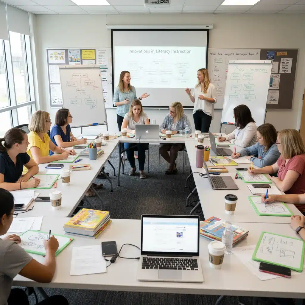 Teachers learning new literacy instruction methods in a professional development session.