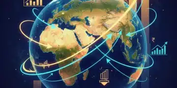 Global trade routes connecting US and Asian markets, symbolizing economic growth and export increase.