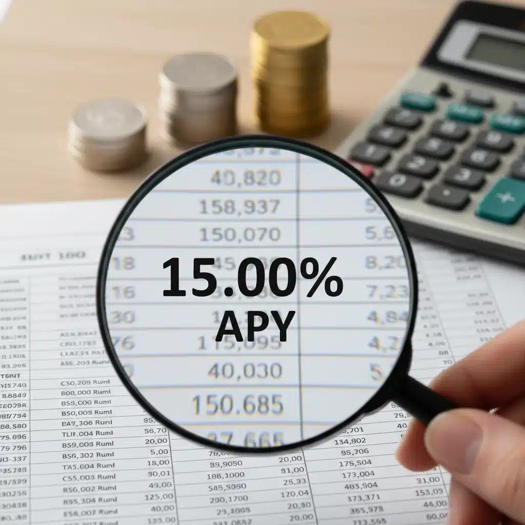 Magnifying glass examining high APY on financial statement