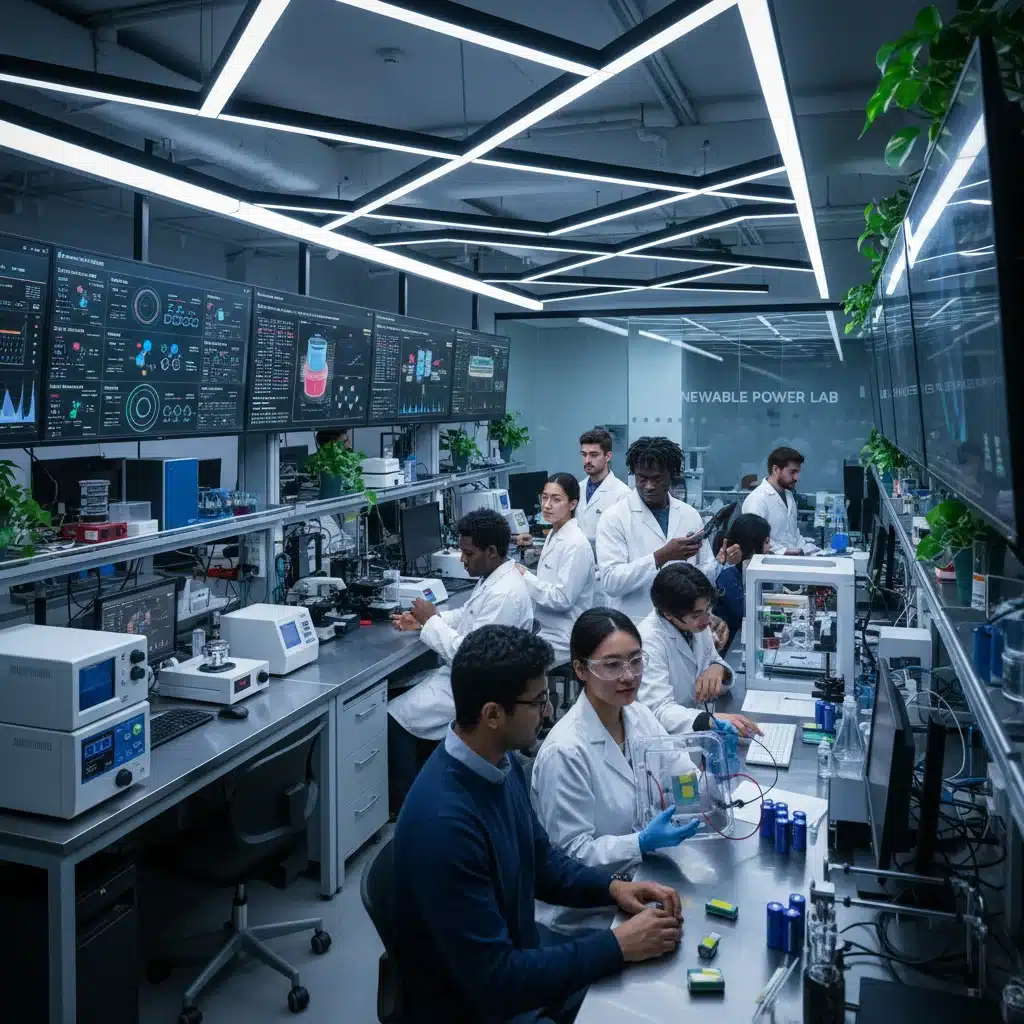 Researchers in a lab developing advanced battery storage solutions for renewable energy, symbolizing technological progress.