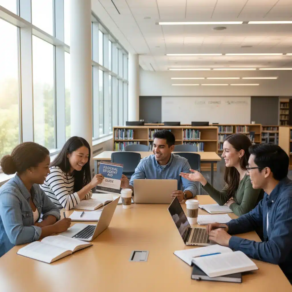 Diverse college students studying in library, symbolizing academic and financial support