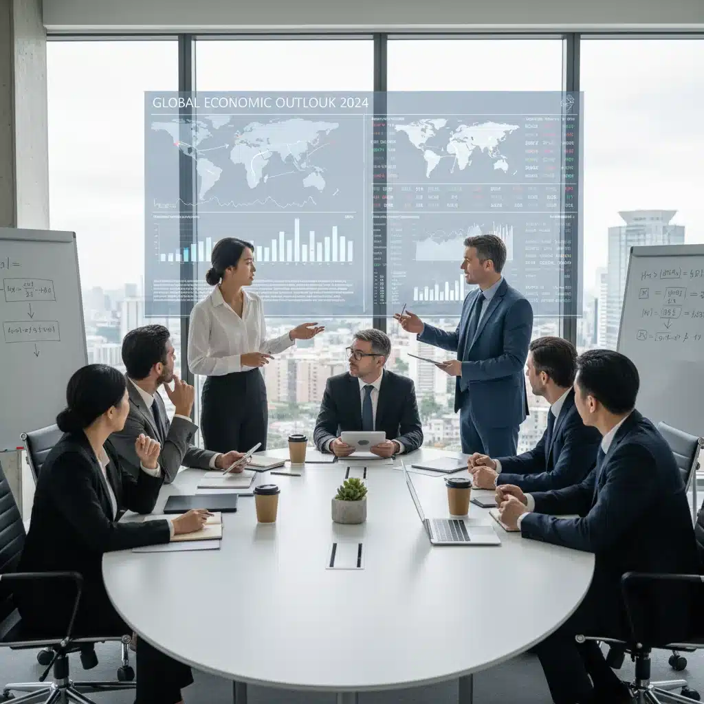 Financial experts analyzing economic indicators and market projections in a conference room.