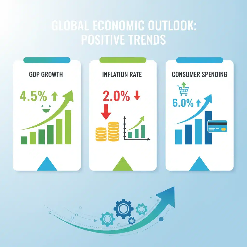 Infographic showing positive economic indicators: GDP, inflation, consumer spending
