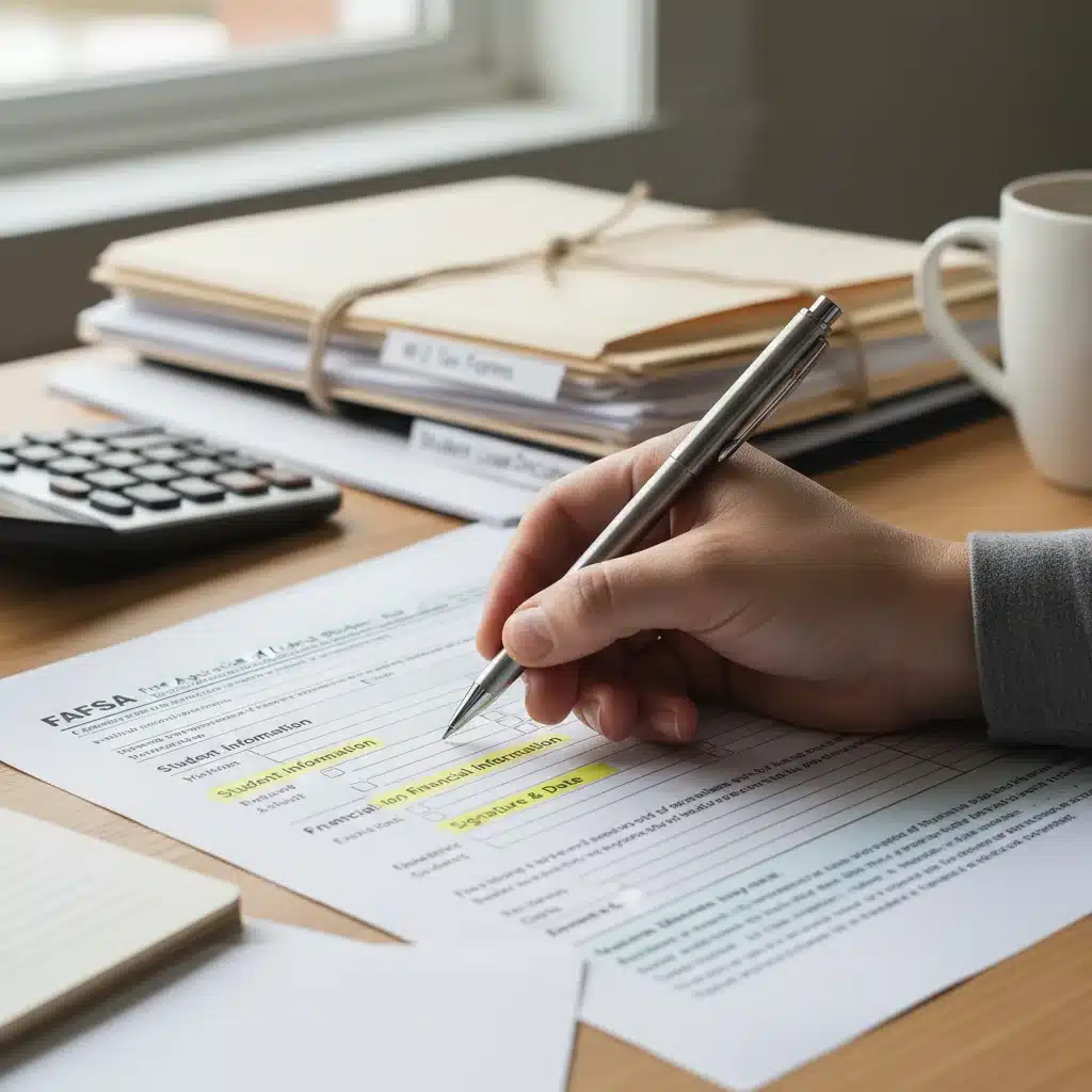 Hand with pen over FAFSA worksheet and financial documents for federal aid