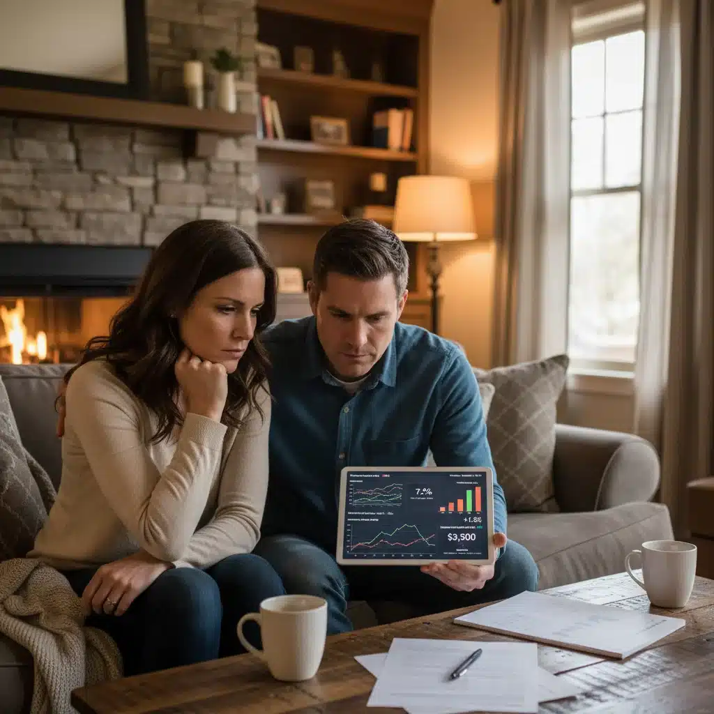 Couple reviewing financial charts and mortgage details on a tablet, planning for future interest rate changes.